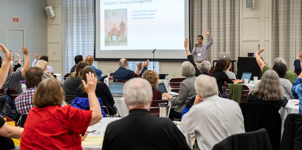 Attendees listen to a presentation during the Music Copyright Conference at Miami University's Shriver Center on September 26, 2018.