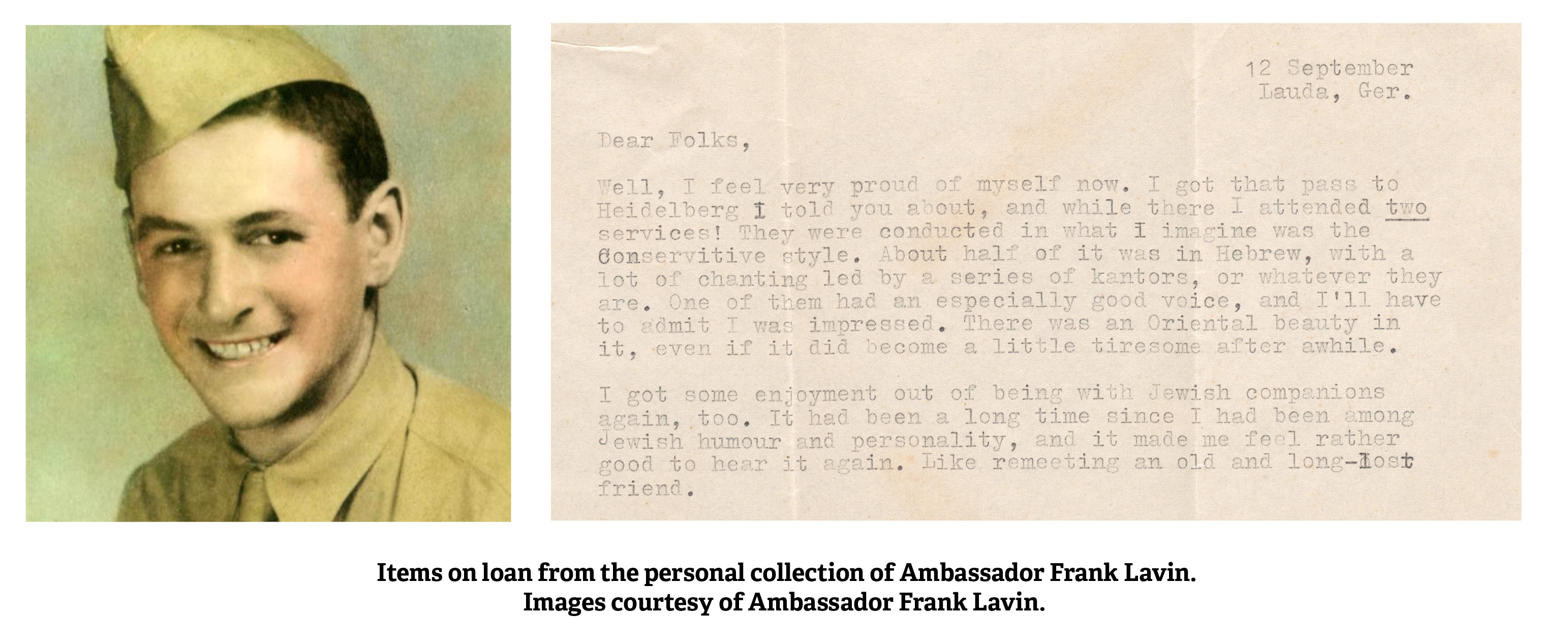 Two images. The first of Photograph of Carl Lavin in uniform at Fort Hood and the second a letter from Carl to his parents.