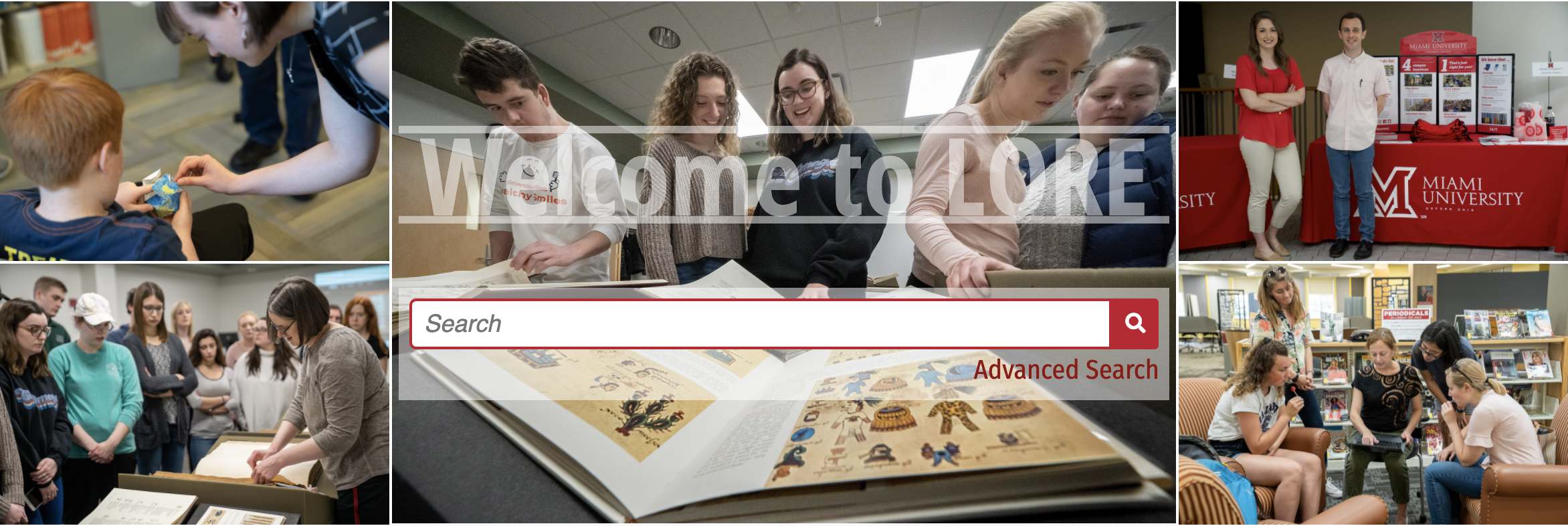 A screenshot of the header for the Learning Object Repository webpage, which features five photographs depicting students and librarians, the text Welcome to LORE, a search bar, and a link to Advanced Search.