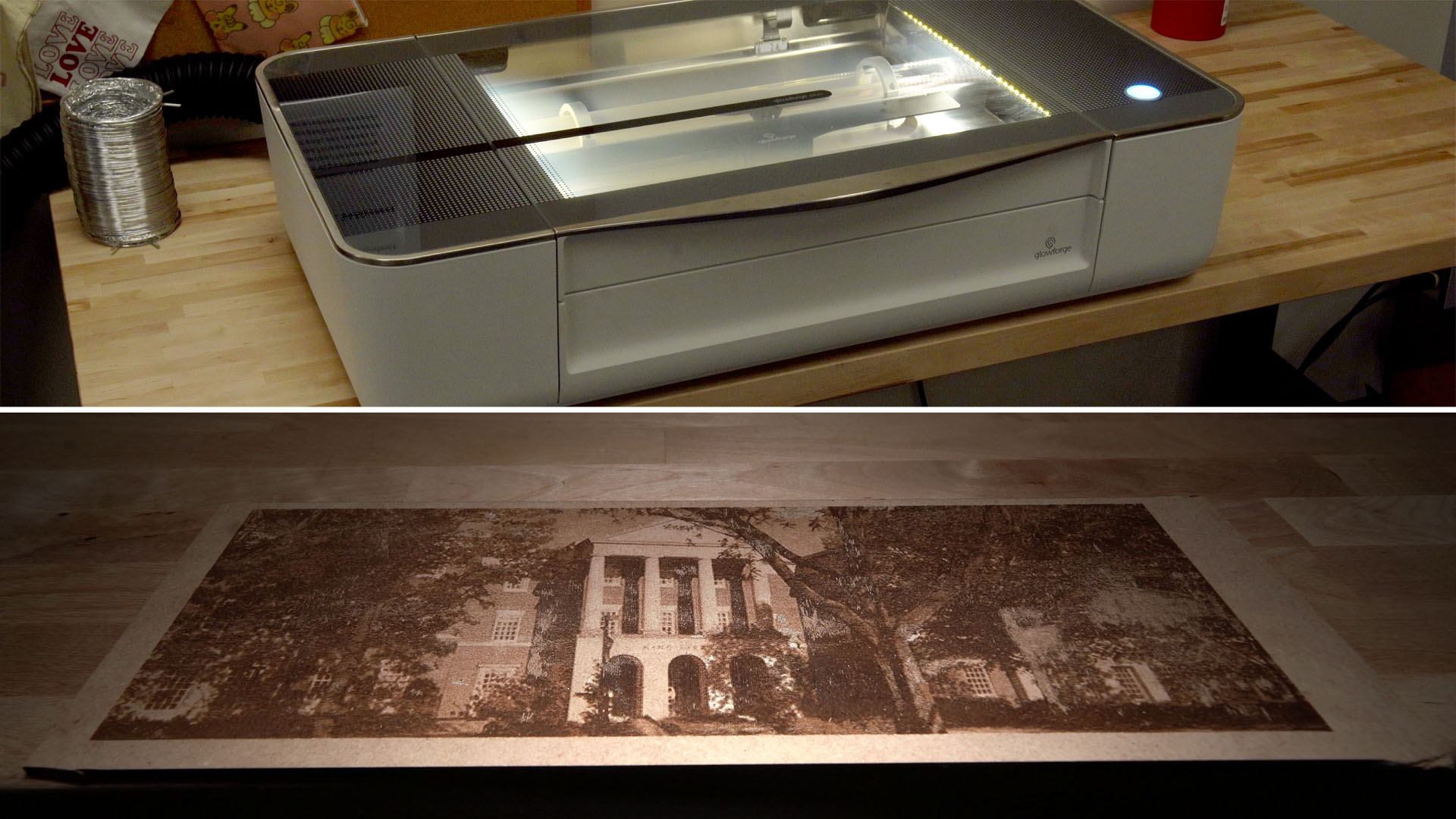 Two photographs: a Glowforge laser cutter/engraver sitting on a table in the Libraries Makerspace, and a piece of wood with an image of King Library engraved on it by the laser engraver.