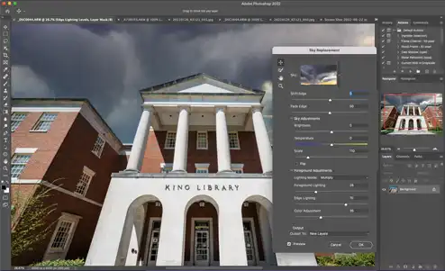 A screenshot of editing a photograph of King Library in Adobe Photoshop.