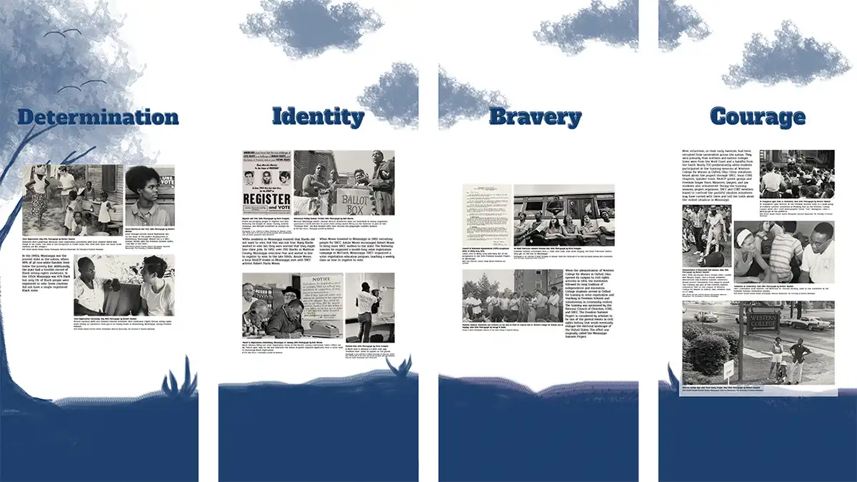 Four of the panels from the Freedom Summer traveling exhibit are shown. They are titled: Determination, Identity, Bravery, Courage. Each shows a number of black-and-white photographs with accompanying text.