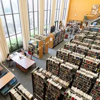 Amos Music Library from the second floor looking down over the stacks