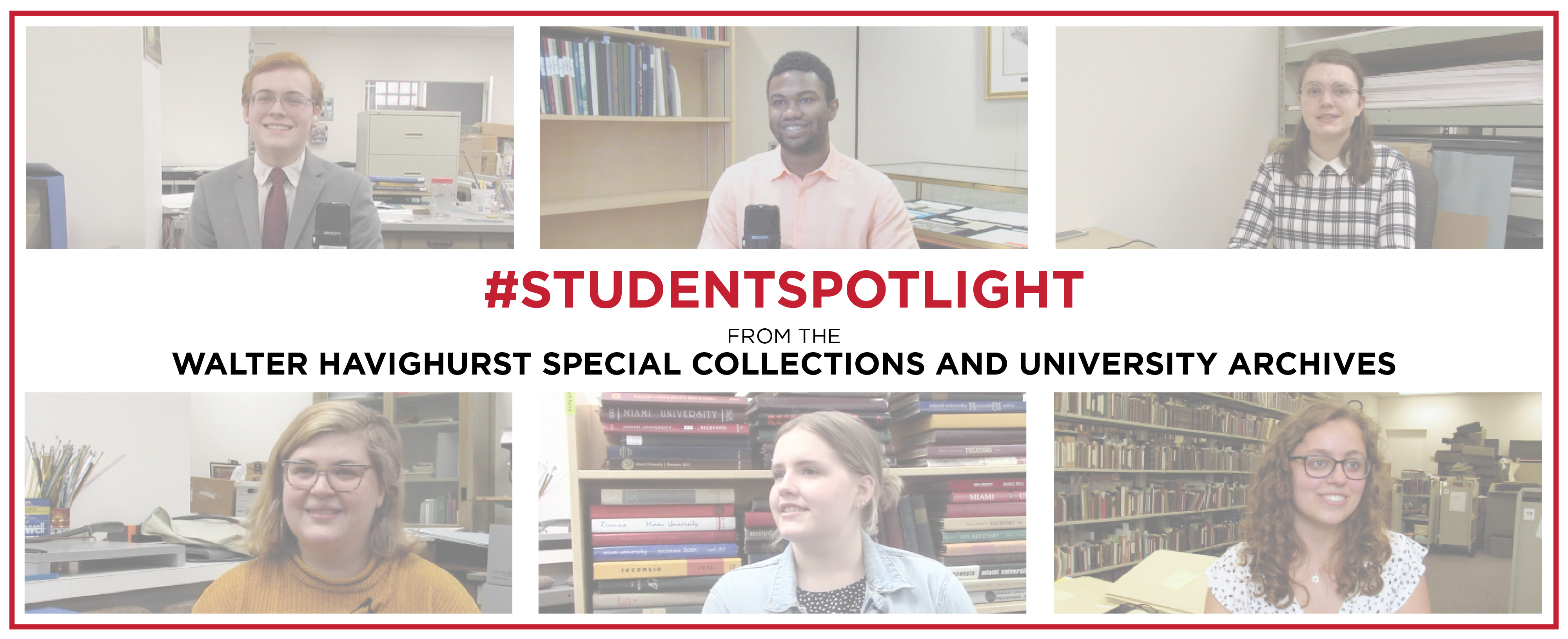 6 students are featured with the title #StudentSpotlights. Pictured clockwise: Alex Cox, Carson Minter, Megan Snyder, Emily Garforth, Anna Gyde, and Abby Lebovitz.